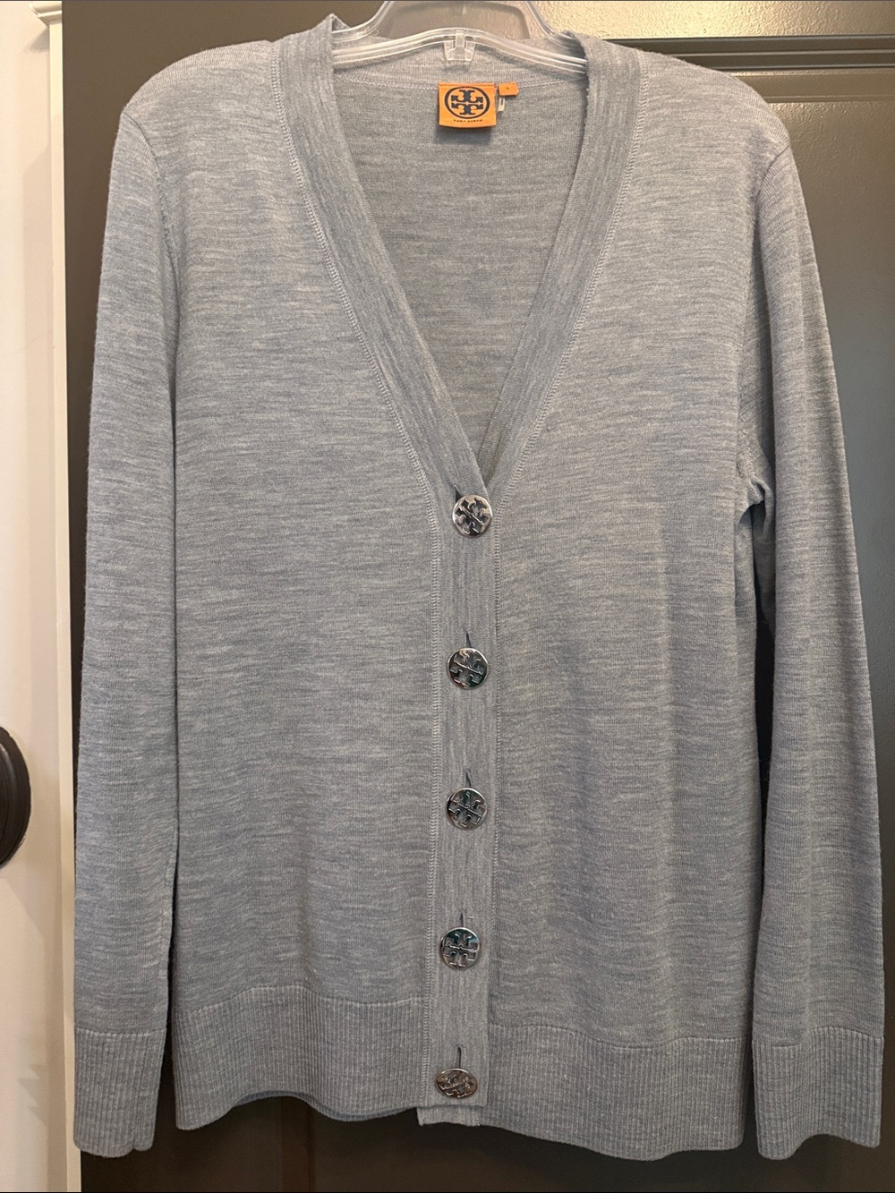 Tory Burch Heather Gray V-Neck Button Front Cardigan Silver Buttons Wool